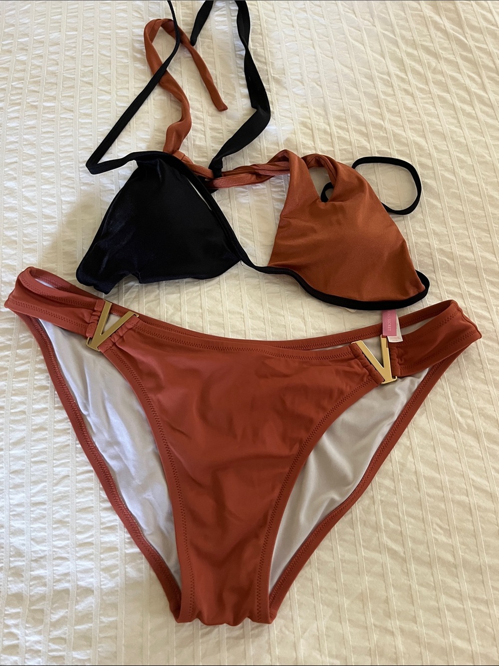 Victoria's Secret Rust & Black Two-Piece Bikini with Gold V Accents